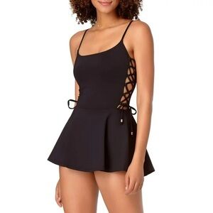 Anne Cole Studio One Piece Lace Up Swimsuit Dress Solid Black Size 10